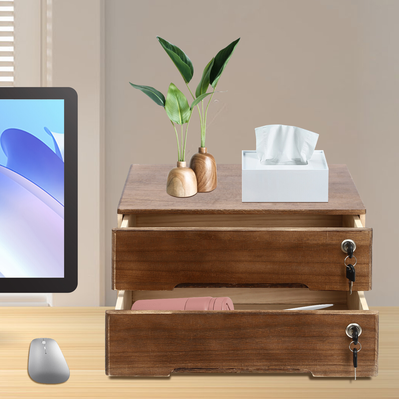 Wooden Desktop Jewelry Drawer Storage Box Table Cabinet Holder Organizer Chest