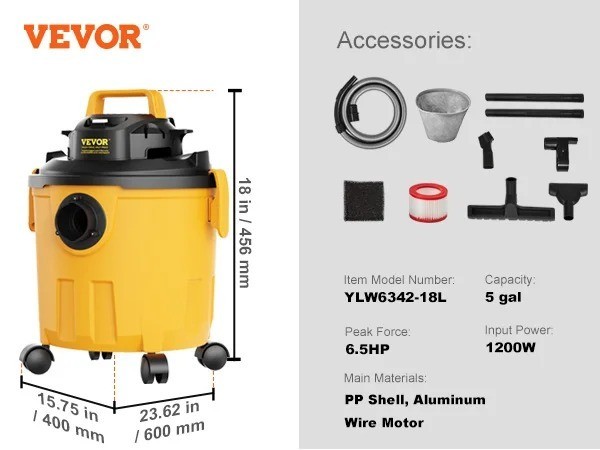 Vacuum Wet Dry Cleaner 5 Gallon 6 Peak HP Portable Shop Vac for Car Home