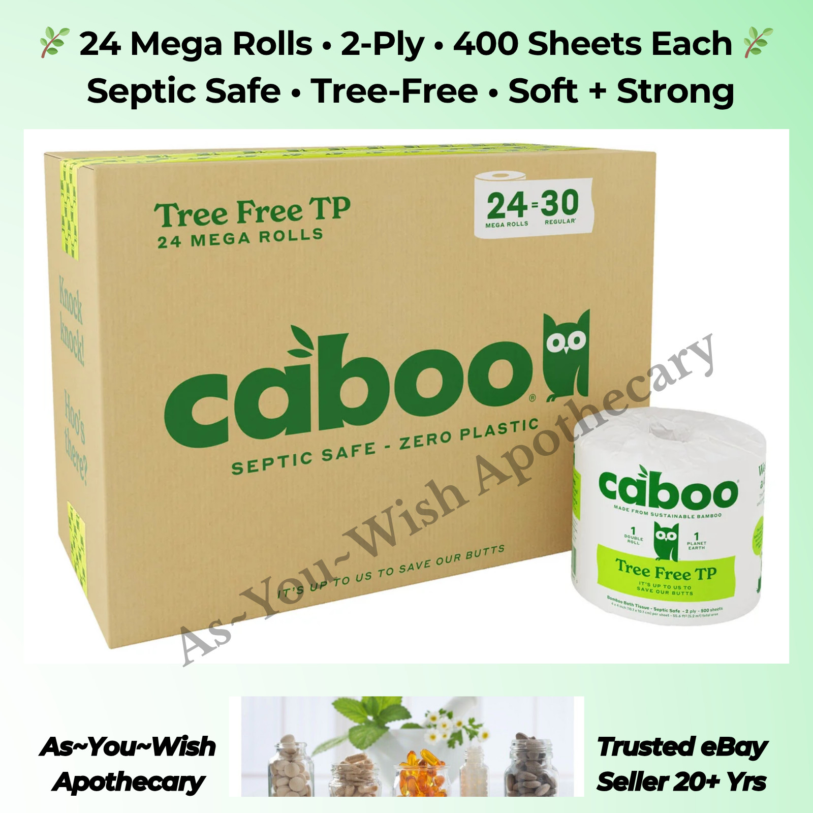 Caboo Bamboo Toilet Paper 24 Mega Rolls 2-Ply Septic Safe Tree Free 400 Sheets