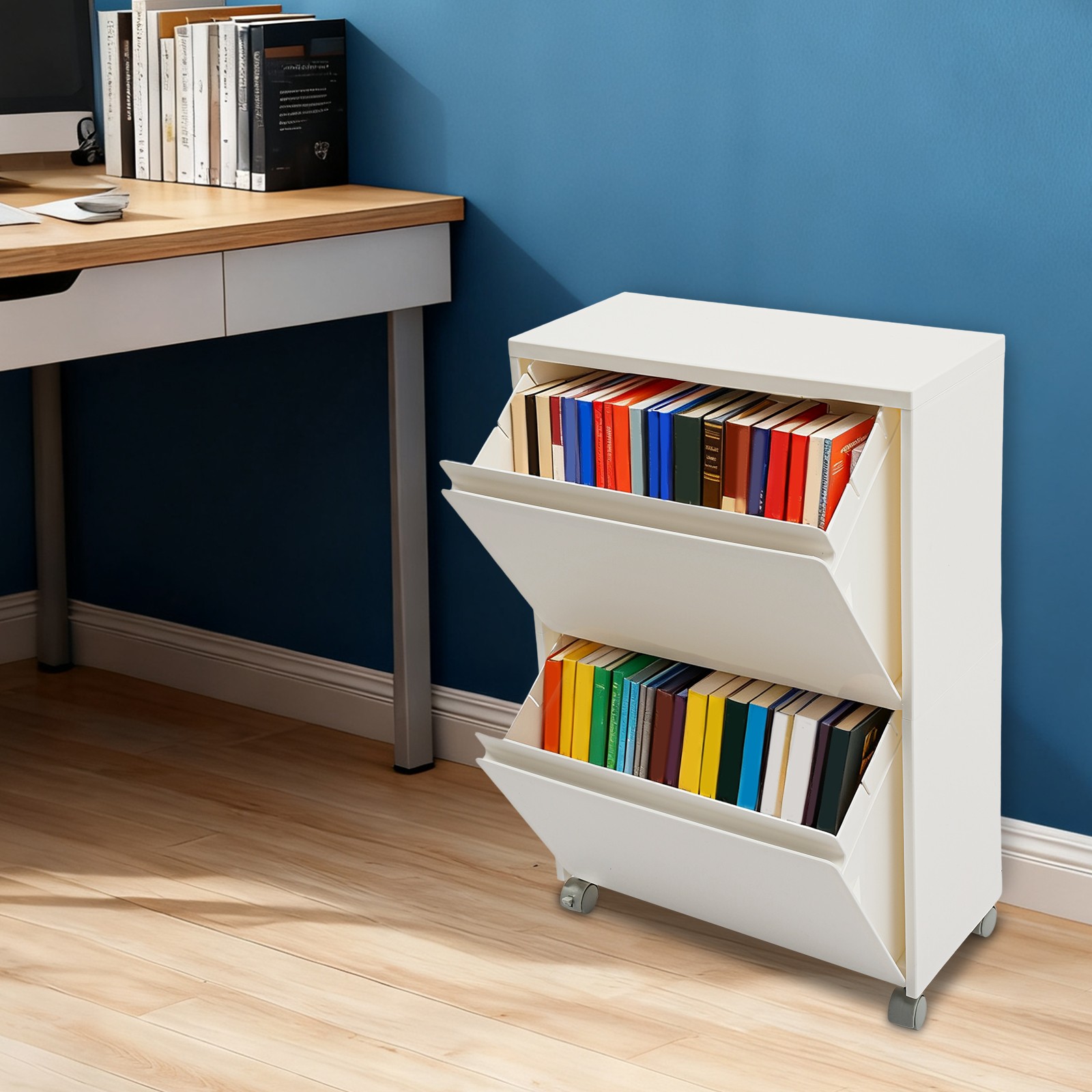 2 Tiers Rolling Shoe Storage Cabinet Mobile Shoes Organizer Sneakers Holding Box