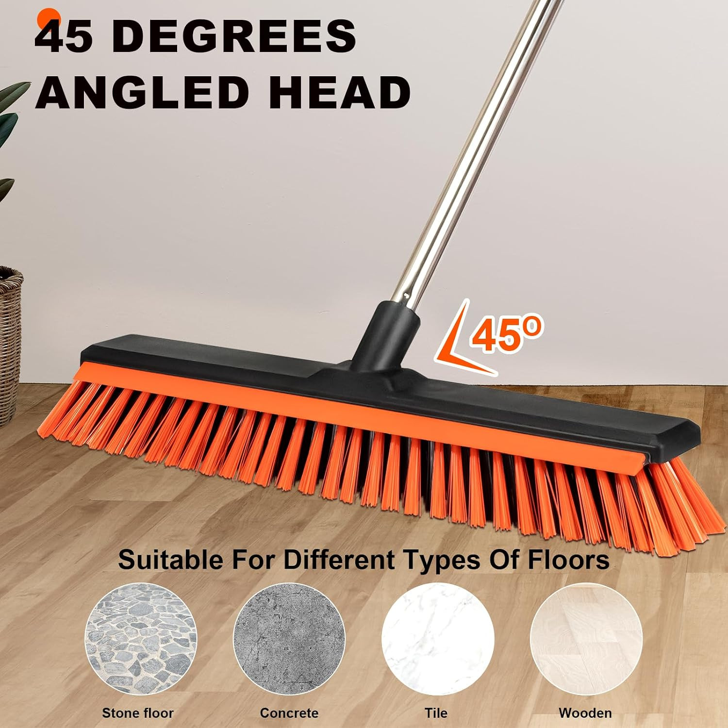 18″ Push Broom Outdoor with Rubber Squeegee,Heavy Duty Broom Brush with Handle,S