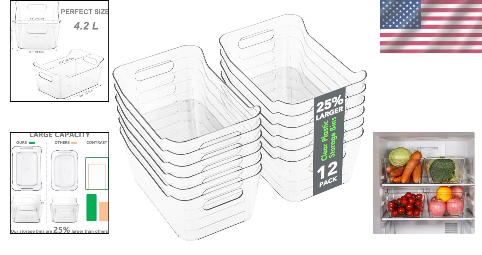 Plastic Storage Bins Set of 12 Clear Organizers Pantry Kitchen Office Storage