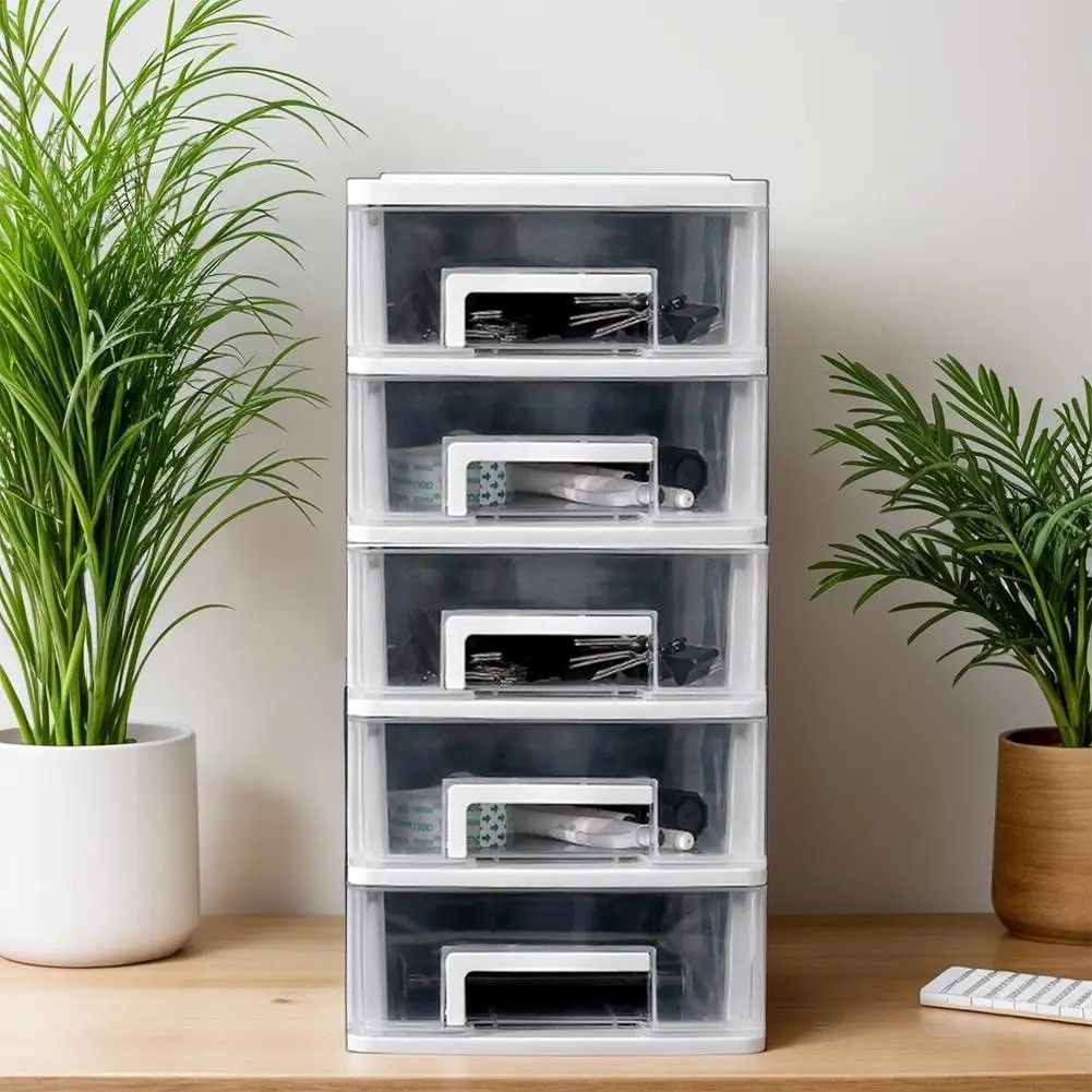 5 Drawer Desk Clear Plastic Storage Box Office Cabinet Transparent Miscellaneous