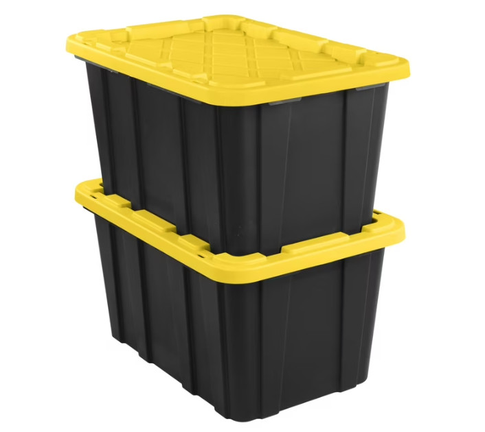 Sterilite 27 Gal Storage Tote Snap-On Lid Black/Yellow 6 Pack