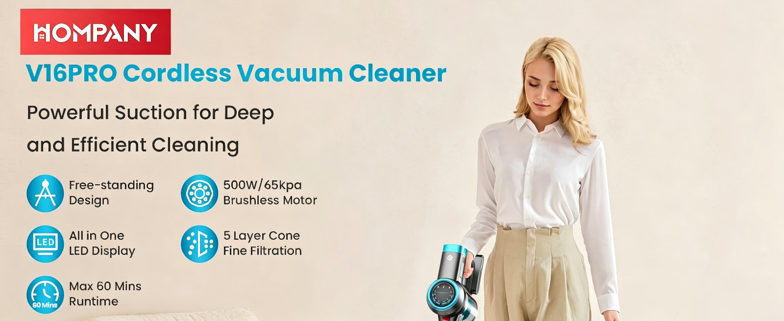 Cordless Vacuum Cleaner 55KPa 550W 60min Self-Standing Stick Carpet Floor Clean