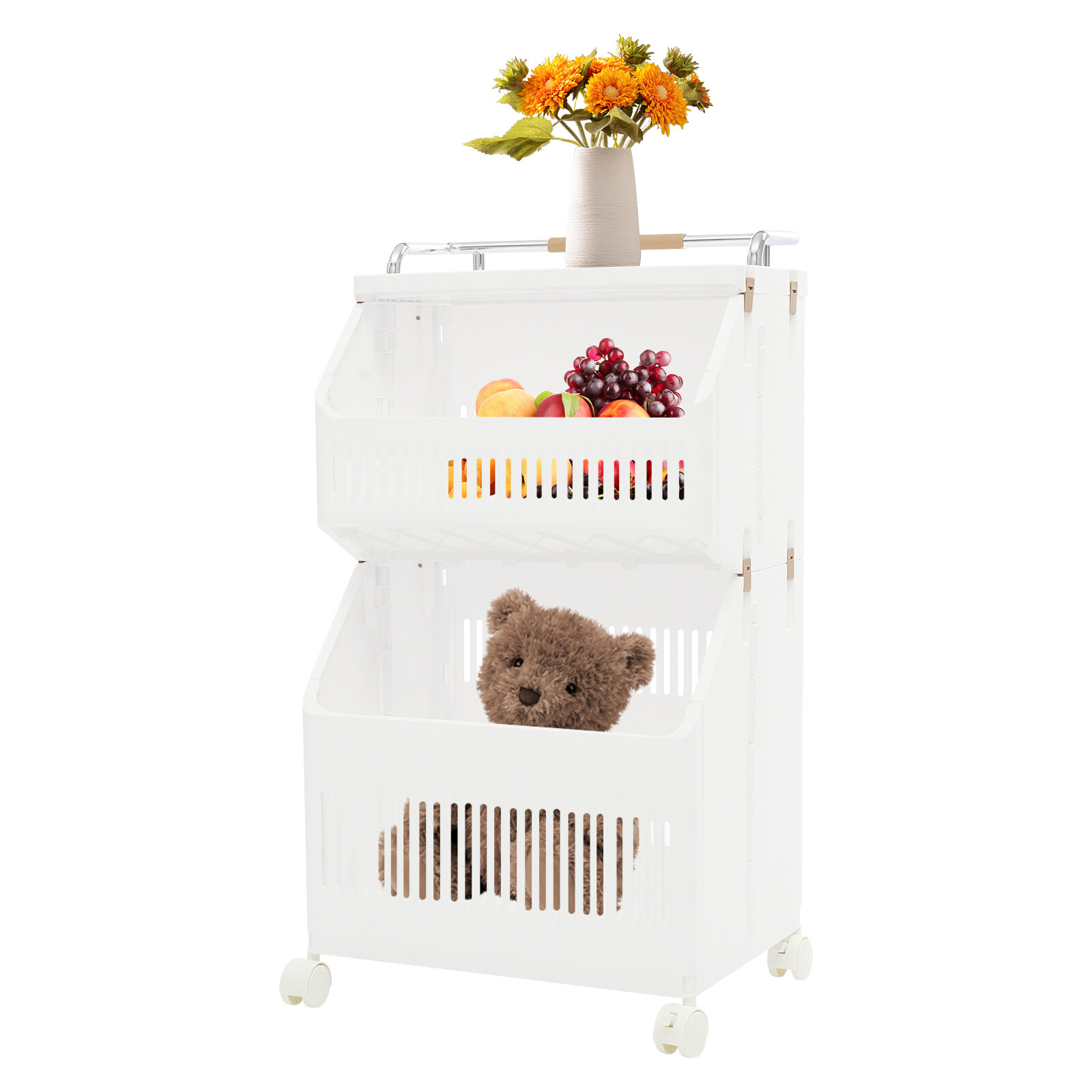 2-tier Clothes Basket Rolling Laundry Basket Collapsible Laundry Hamper Storage