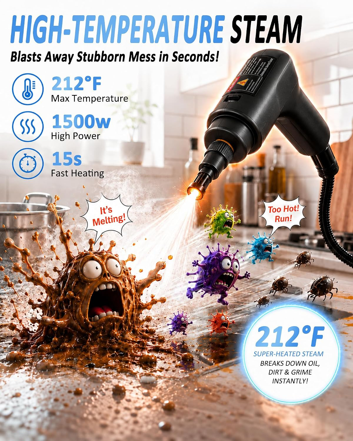 Steam Cleaner, Portable Handheld High-Pressure, 15S Fast Heating | 3 Steam Level