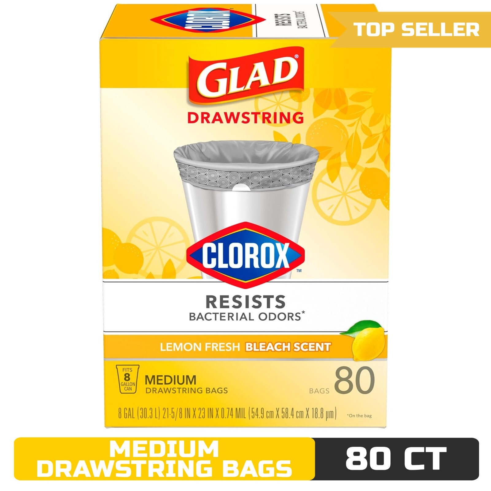 Glad Medium Drawstring Trash Bags with Clorox, 8 Gallon, Lemon Fresh Bleach 80CT