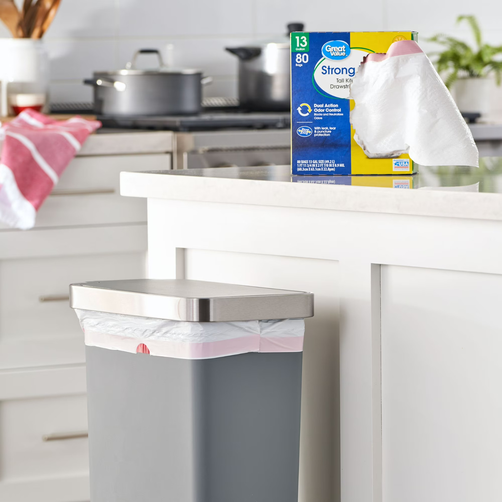Great Value Strong Flex 13-Gallon Drawstring Tall Kitchen Trash Bags, Citrus Bur