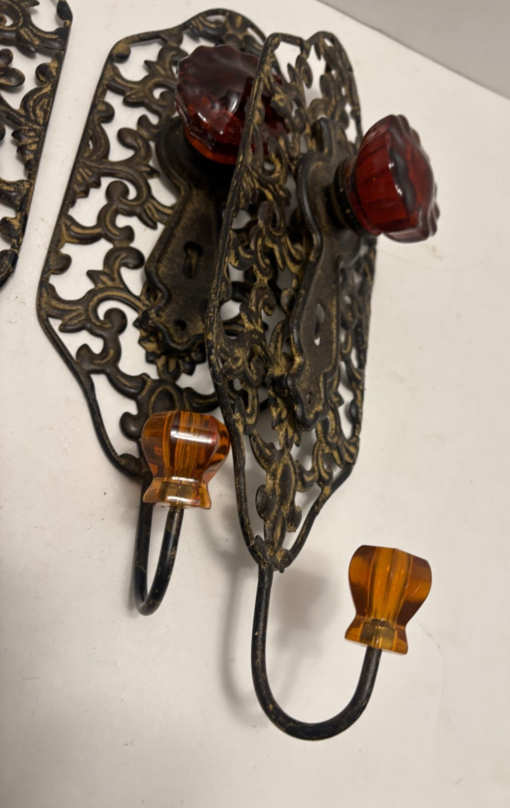 1,2 or 3 Vtg Style WALL HOOK(s) Amber Glass Door Knob Keyhole Scroll Back Hanger