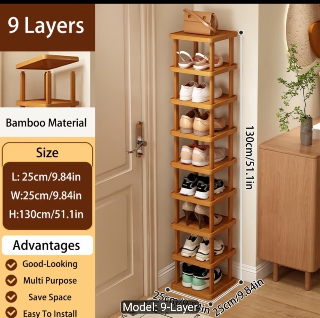 9 Tier Bamboo Shoe Rack Tall Narrow Space Saving Shoe Organizer Storage Shelf…