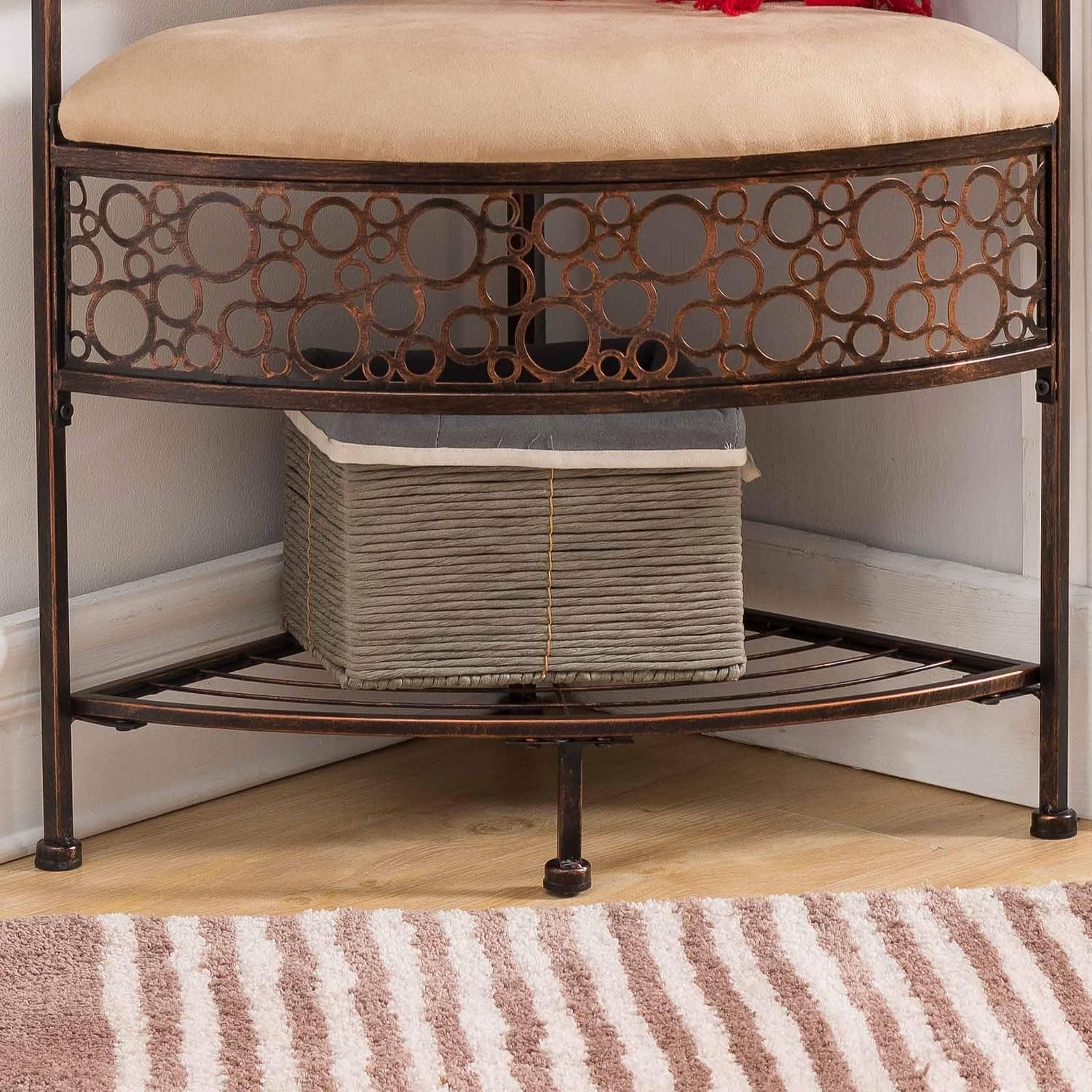 Brushed Copper Metal Corner Entryway Hallway Storage Bench with Coat Rack