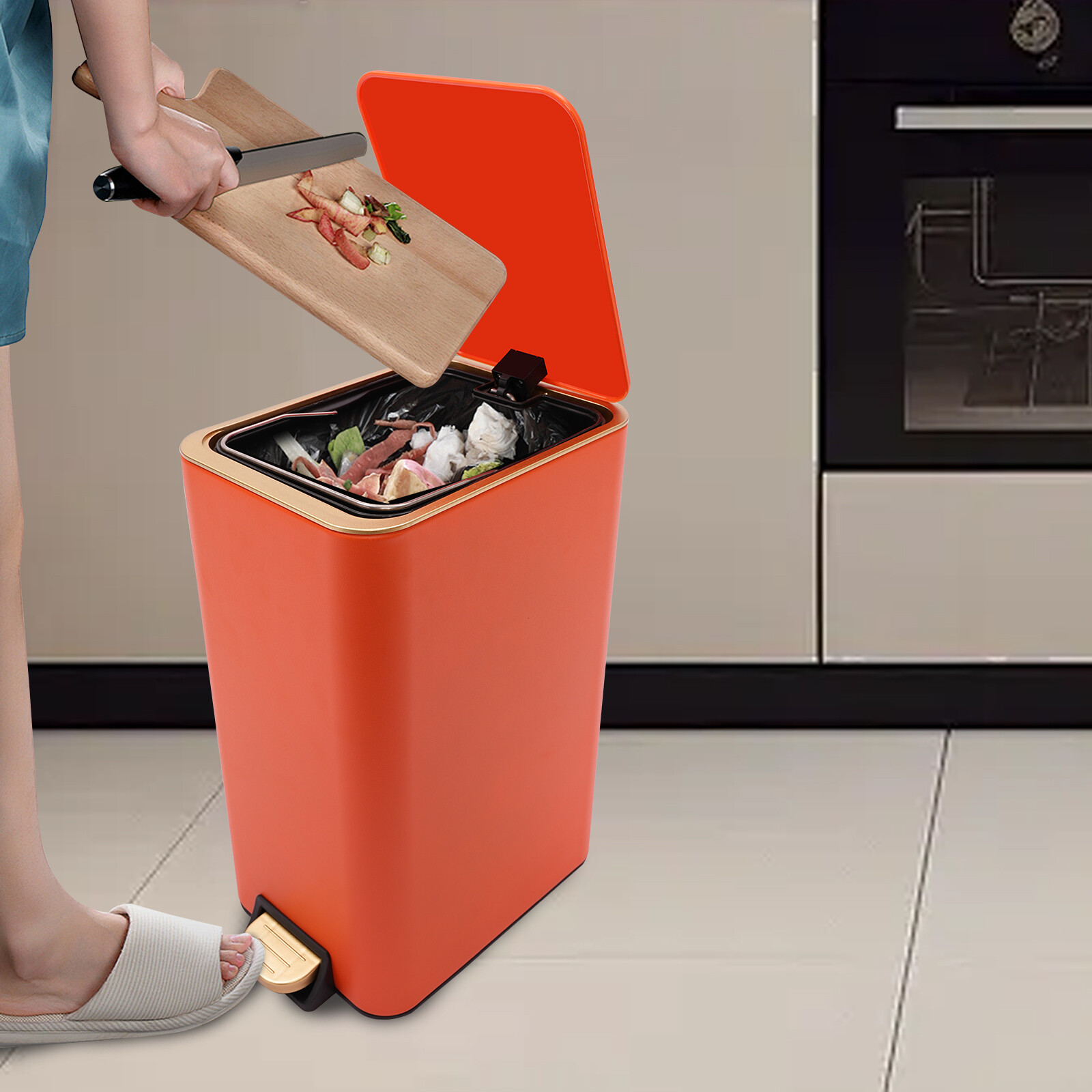 12L/3.17Gal Foot Pedal Trash Can Modern Rectangle Step On Garbage Bin Orange