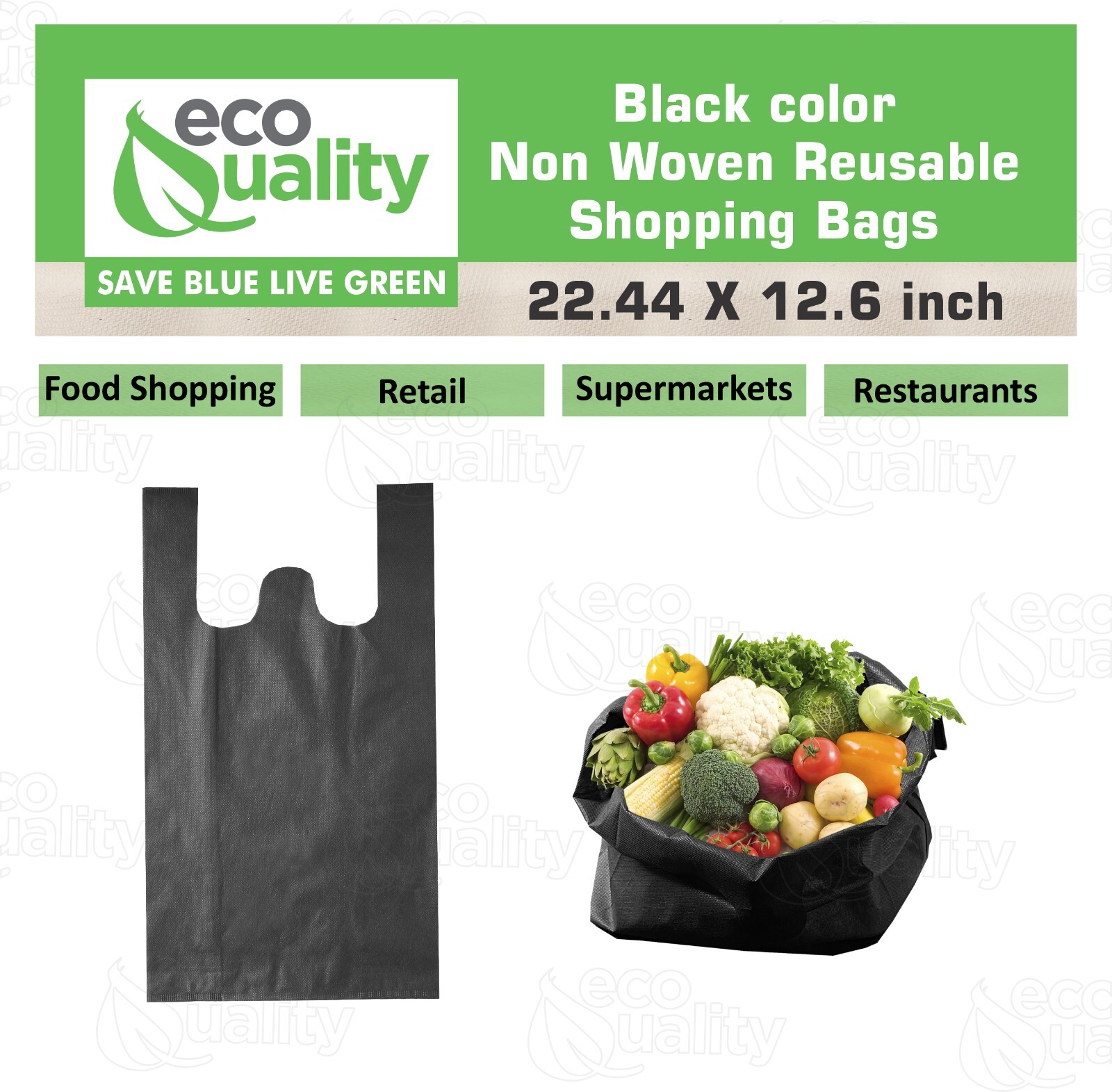 Non Woven T-Shirt Shopping Grocery Bags Black Reusable Large USA MADE 600pcs