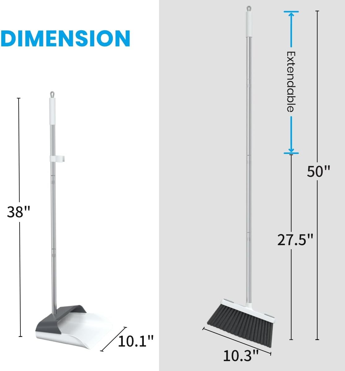 Stand Up Dustpan and Broom Set 50” Long Handle Broom with Dust Pan, 20° Angled
