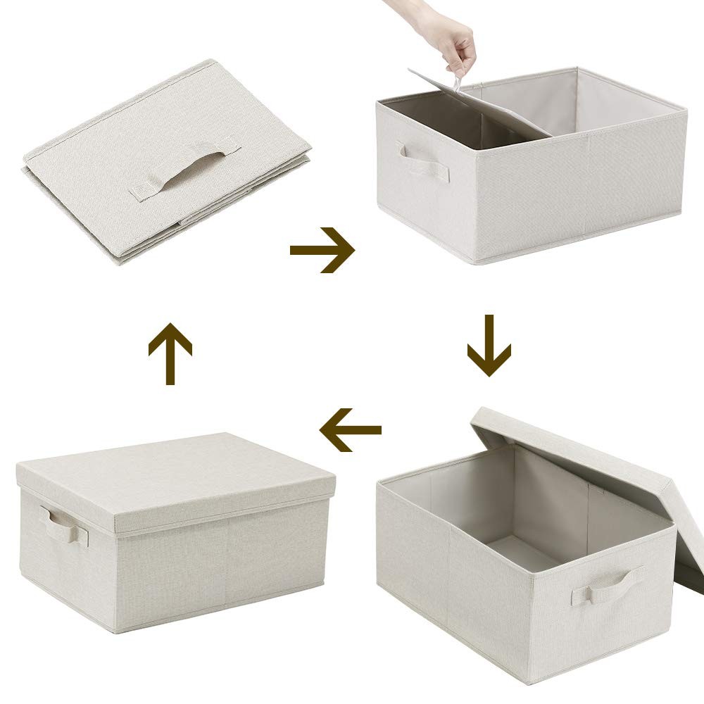 Foldable Storage Bin Lid Cardboard Boxes Carrying Handle Beige 16.5×11.8 In 2 Pk