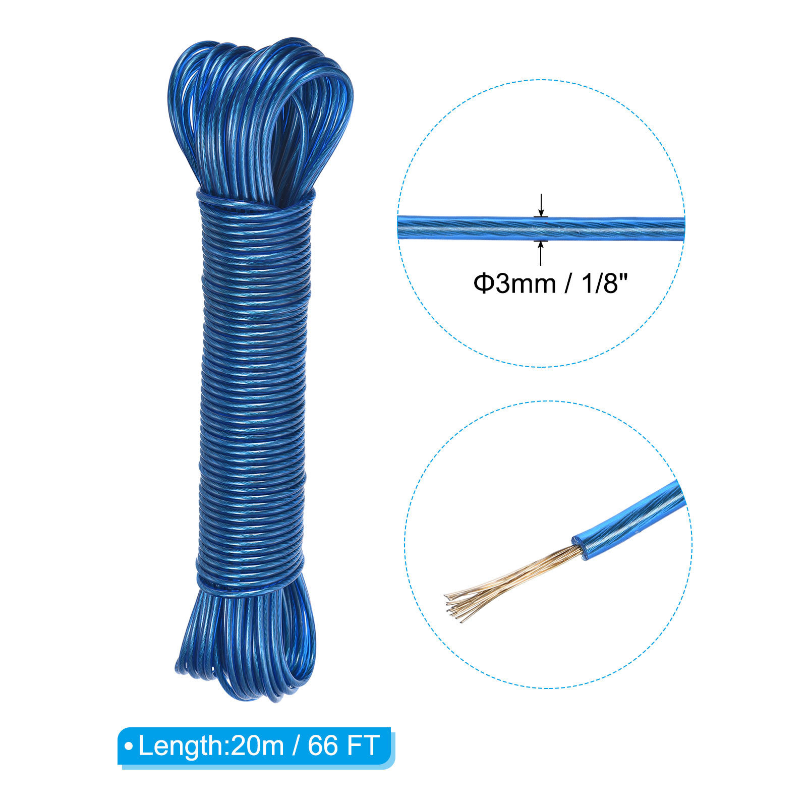 Plastic Coated Clothesline 1/8 Inch x 66 FT Steel Core Clothes Lines Wire Blue