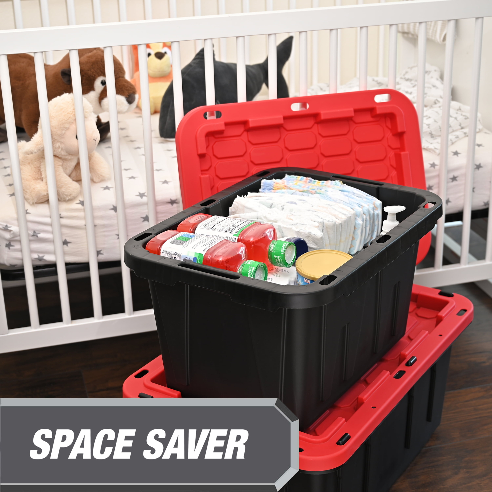 (2 pack)12 Gallon Plastic Storage Container with Snap-On Lid, Black and Red