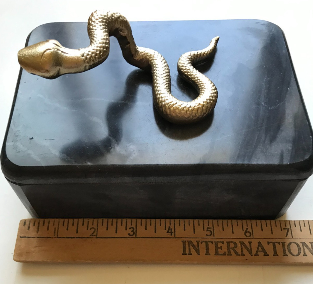 New Black & Gray Marble Box, 7 x 5 x -4-1/2″, “Gold” Snake on Lid, 5-1/2 lbs