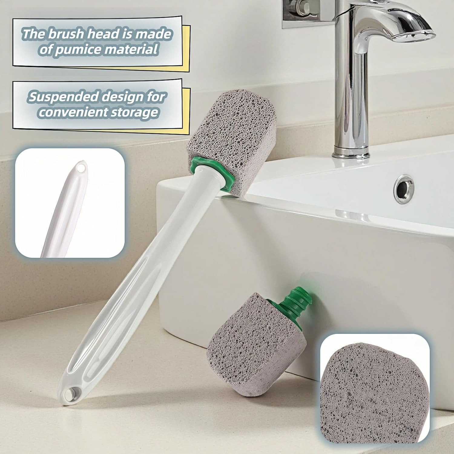 Pumice Toilet Brush Scrubber with 9.5” Handle – 1 Scrubber + 4 Pumice Stones – R