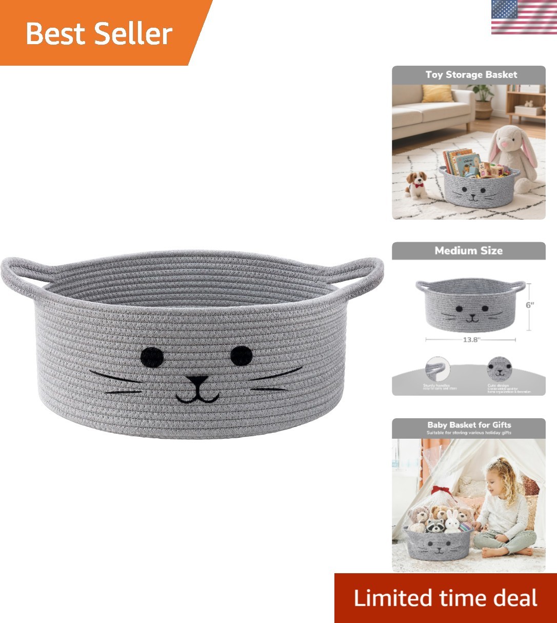 Adorable Hand-Embroidered Cat Toy Basket – 13.8″ x 6″ for Stylish Home Storage
