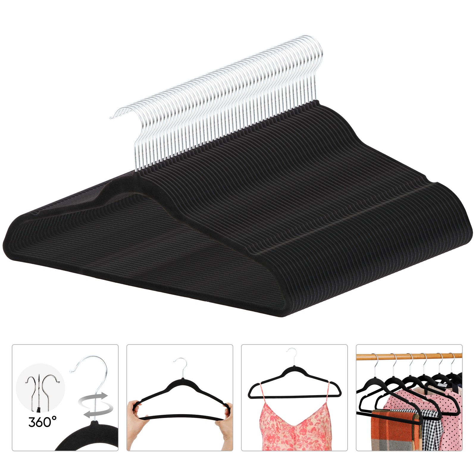 100 Pack Velvet Hangers Flocked Non-Slip Clothes Hangers 360° Swivel Hook Black