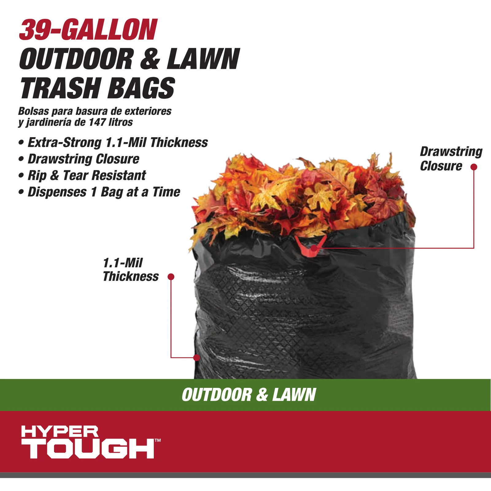 30 Bags, 1.1 MIL, 39-Gallon Drawstring Outdoor & Lawn Trash Bags