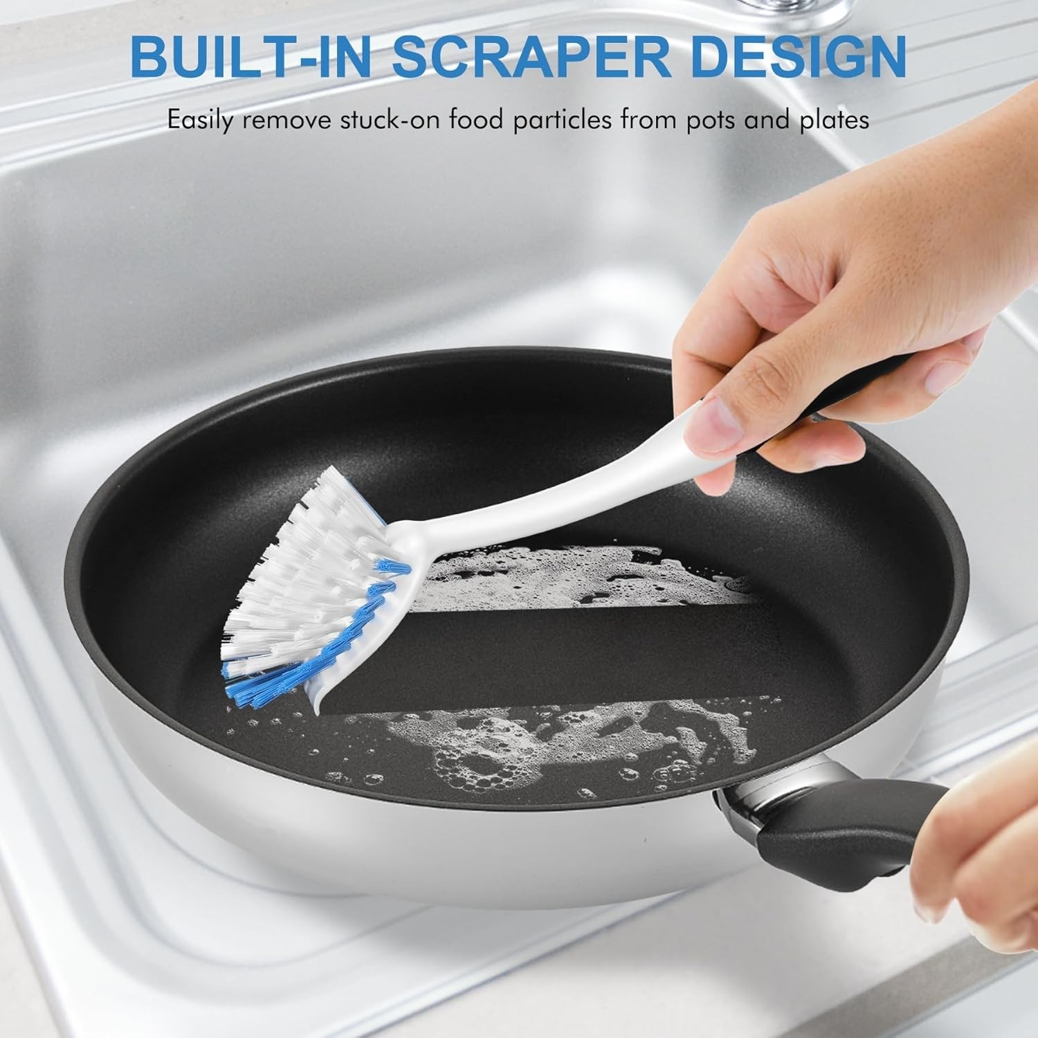 Dish Brush with Handle, 2 Pack Stiff Bristles Dish Scrubber with Built-in Scr…