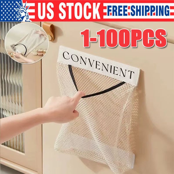 Trash Bag Holder Dispenser Sticky Wall Mount Mesh Convenient Storage Organizer