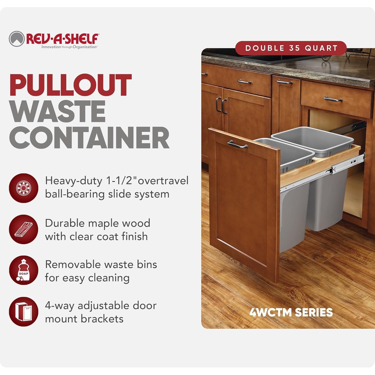 Rev-A-Shelf Pullout Top Mount Trash Can w/ Soft-close, 35 qt., 4WCTM-18BBSCDM2