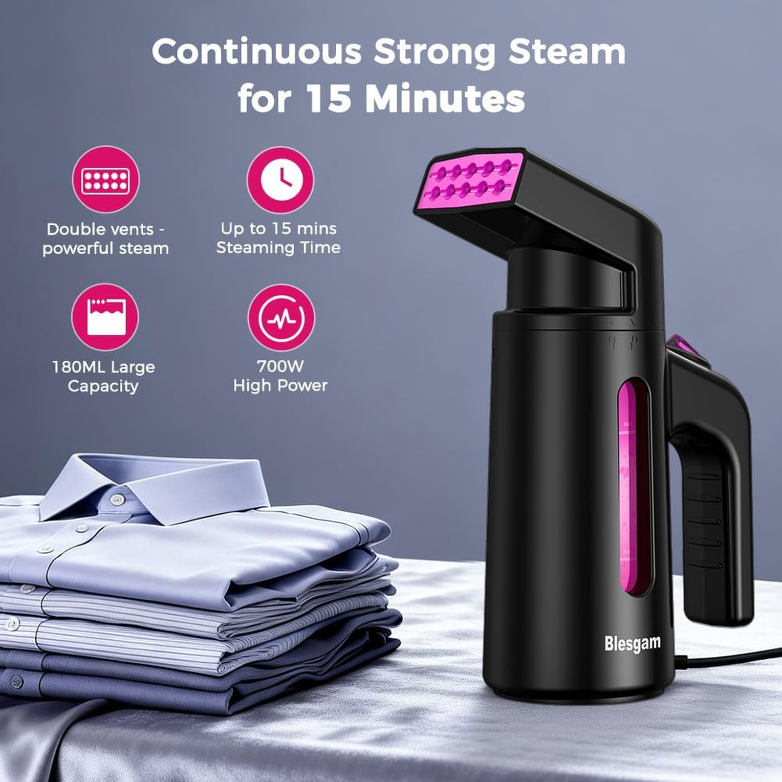 Clothing Steamer Handheld Dual-Row Steam 25g/min 180ml Capacity 40s Heat Up