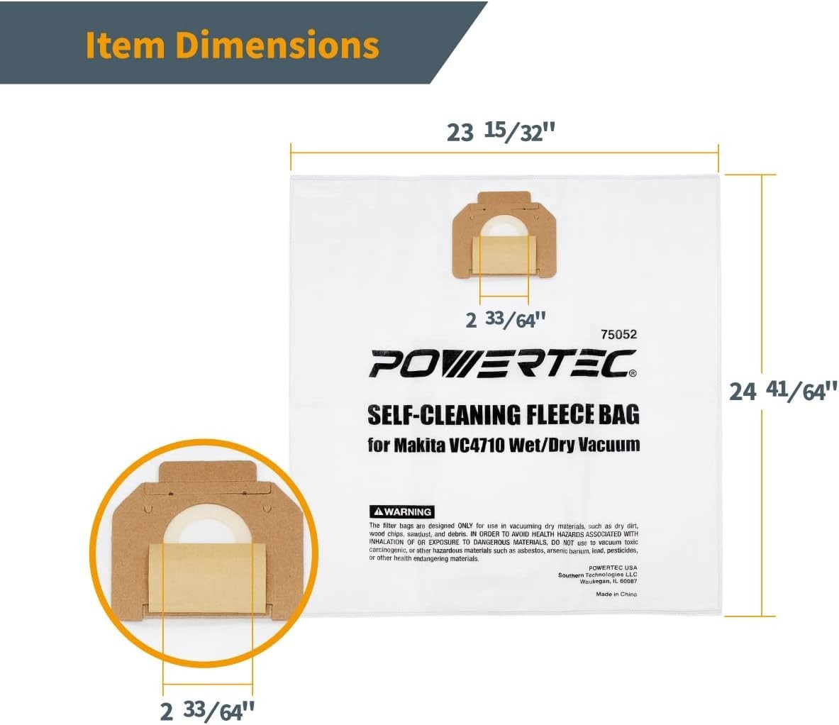 POWERTEC 12 Gallon Fleece Filter Bag – Makita Vacuum Dust Extractor VC4710 75052