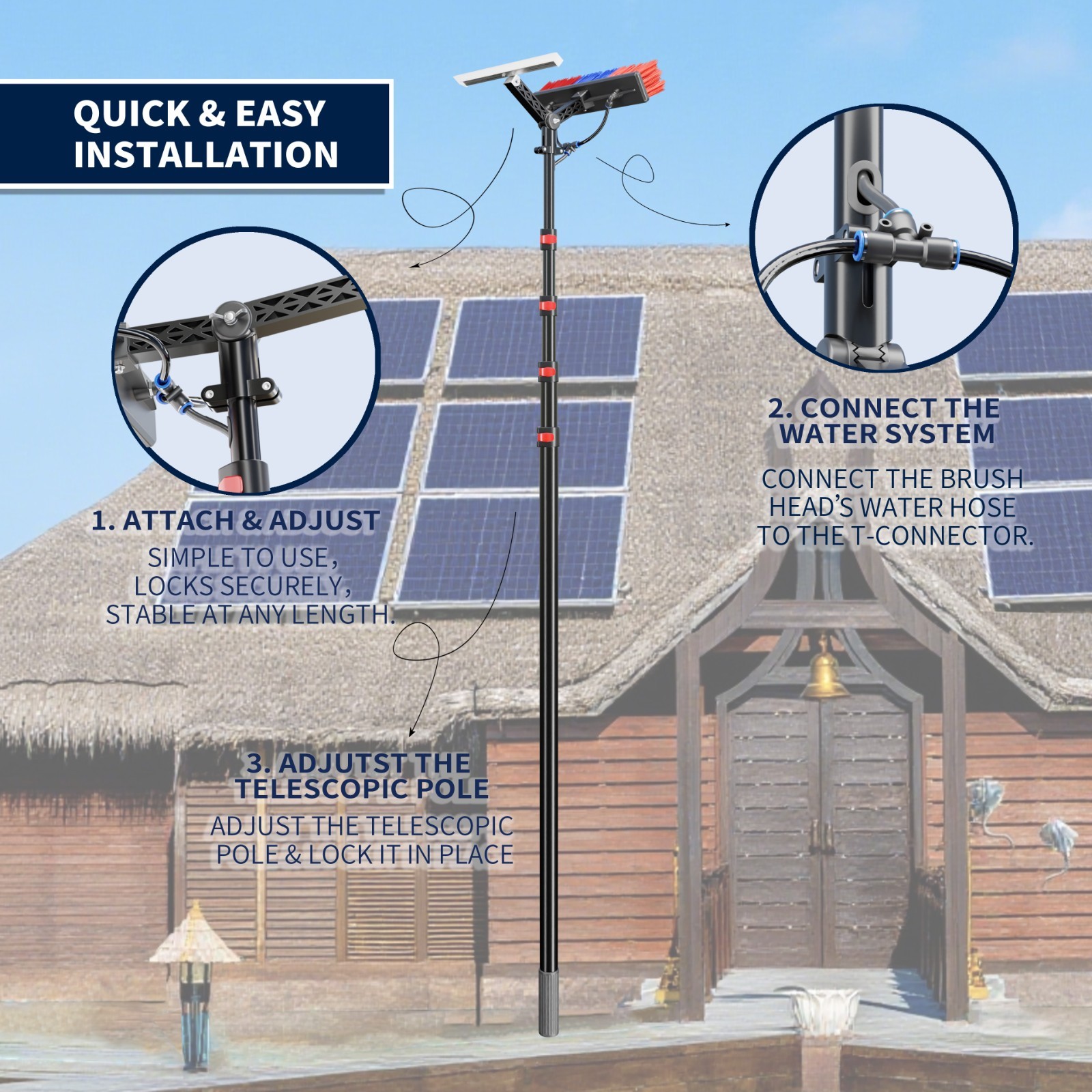 5.5m Water Fed Pole Kit Solar Panel Cleaning Brush &Squeegee Window Washing Tool