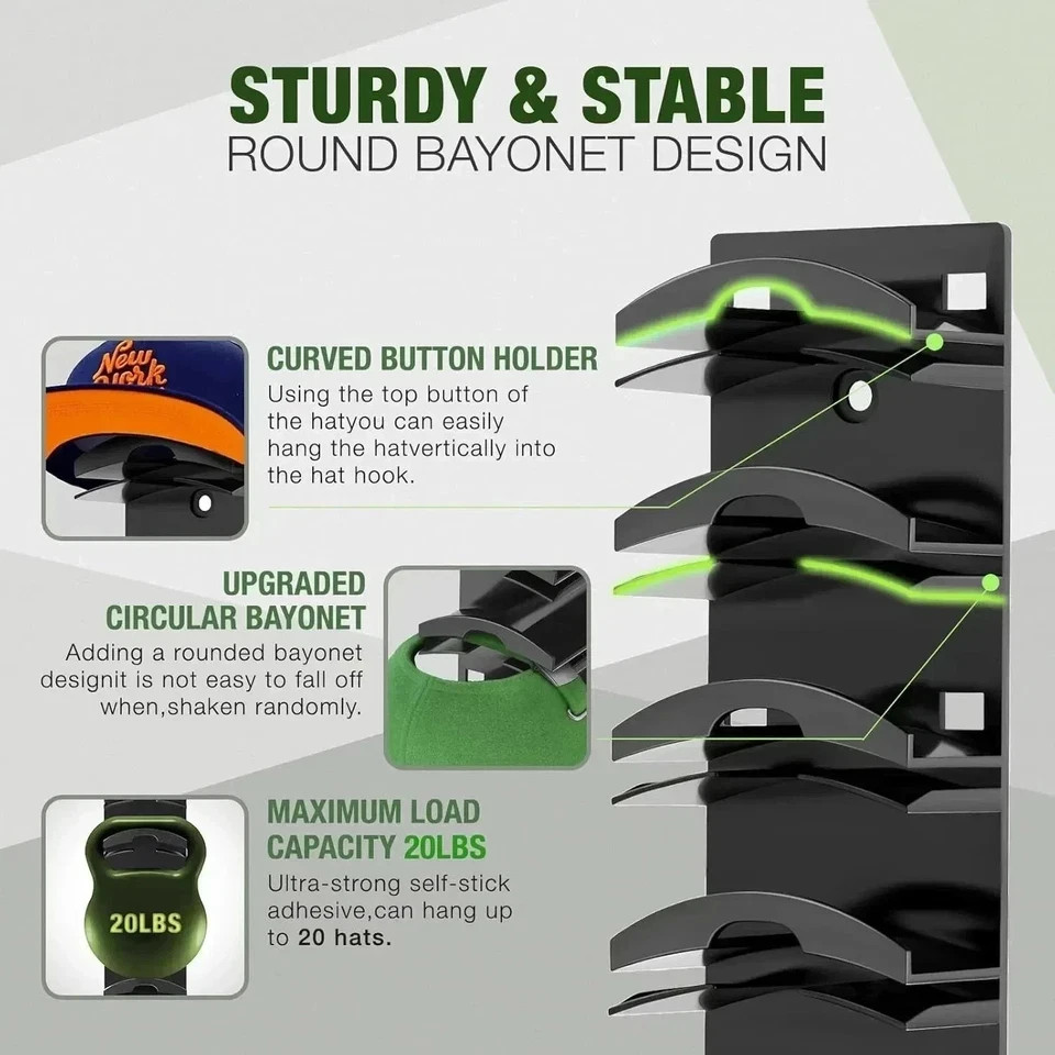 2 Pack Hat Organizer for Baseball Caps, Hat Rack for Wall with Strong Adhesive H