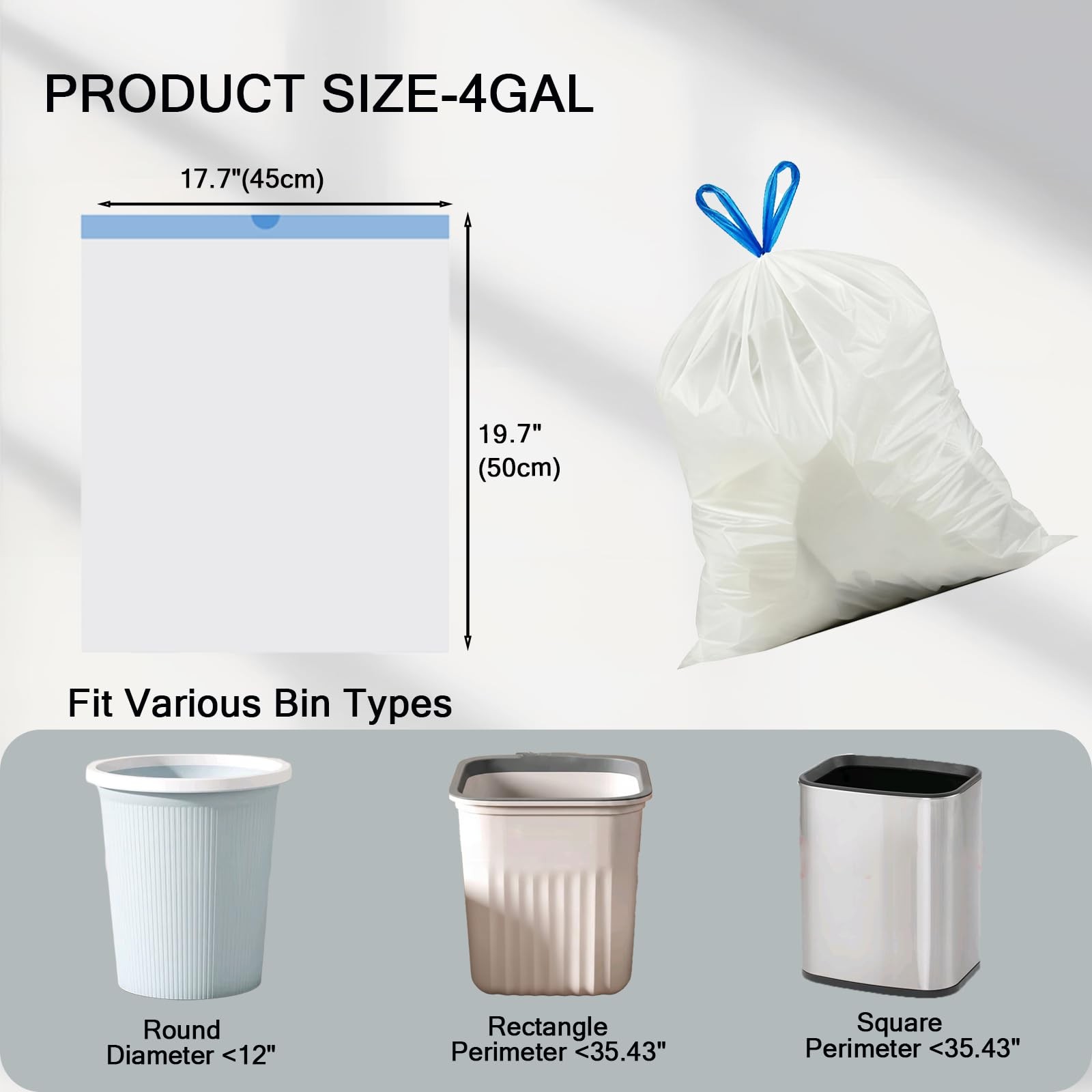 4 Gallon Trash Bags Drawstring,1.5 Mil Thick, Unscented, 58 Count (2 Rolls) -…
