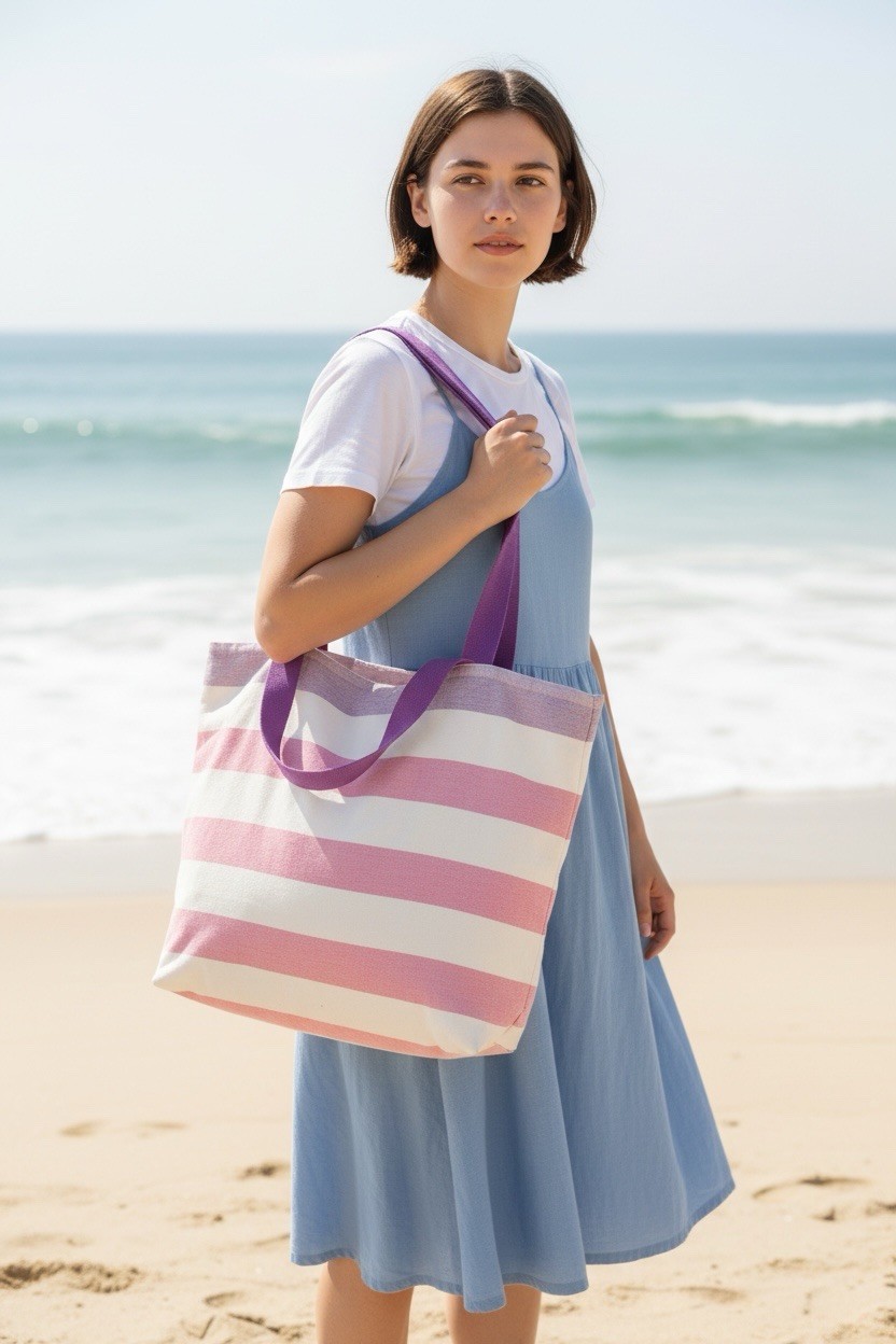 2-in-1 Beach Towel Tote Bag, Pink/White Striped Cotton, Purple Handles