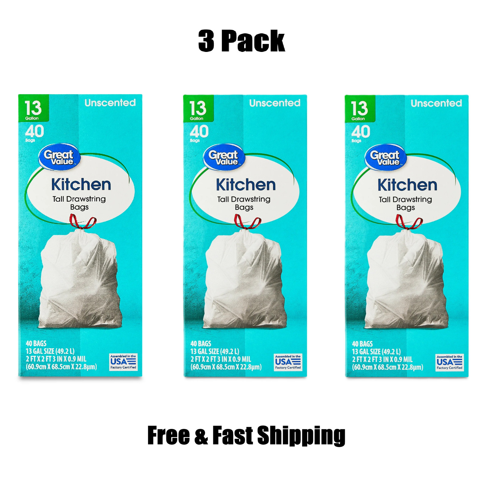 Great Value 13-Gallon Drawstring Tall Kitchen Trash Bags Unscented 40 Bags 3Pack