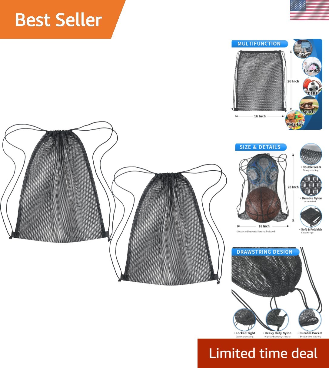 2 Pcs Mesh Drawstring Bag 16 x 20 Inch Heavy Duty Nylon Net Bags, Durable Mes…