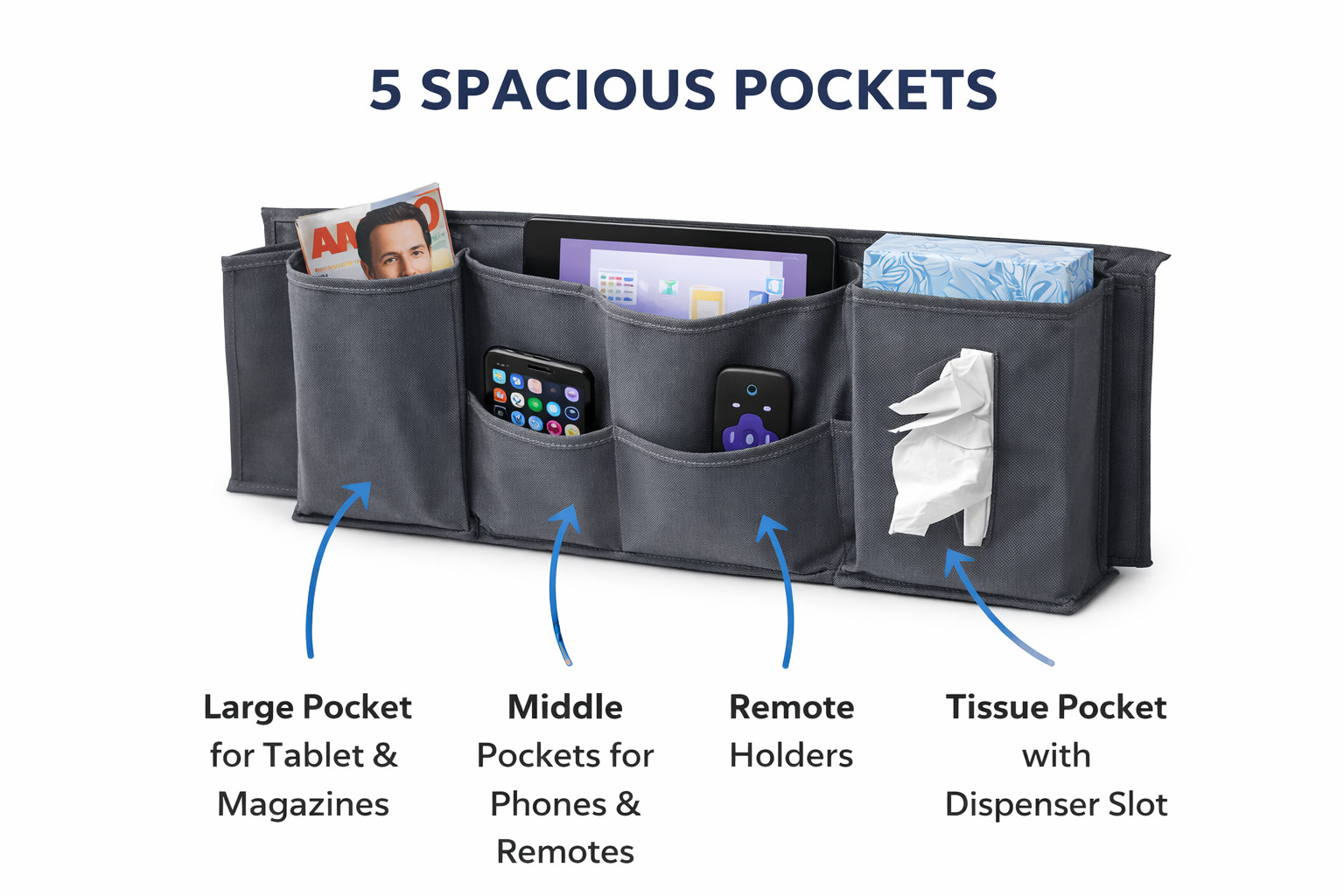 Bedside Couch Caddy Organizer 5 Pocket Hanging Storage Pouch for Bed Sofa Gray
