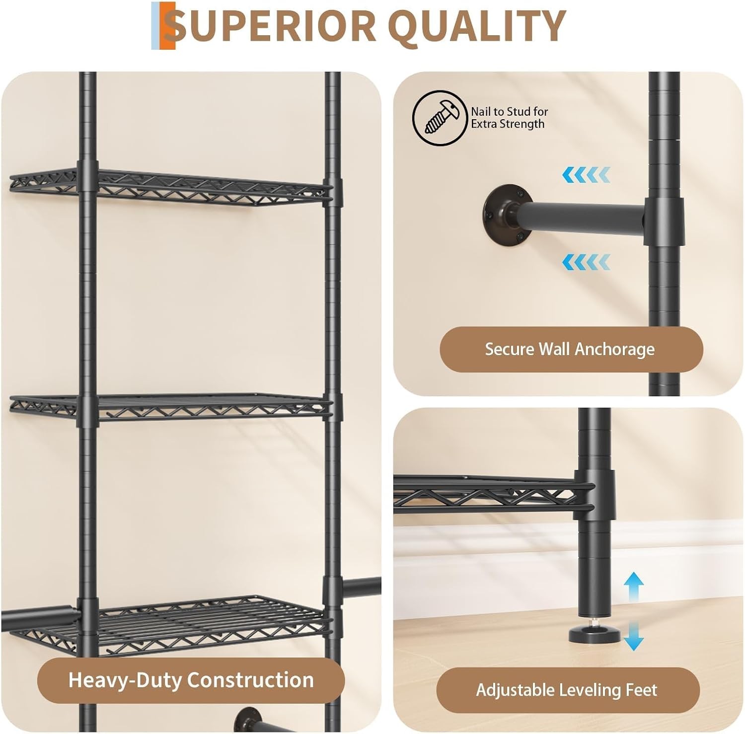 Wall Mounted Garment Rack with 4 Hanging Rods for Clothes Storage 6 Wire Shelves