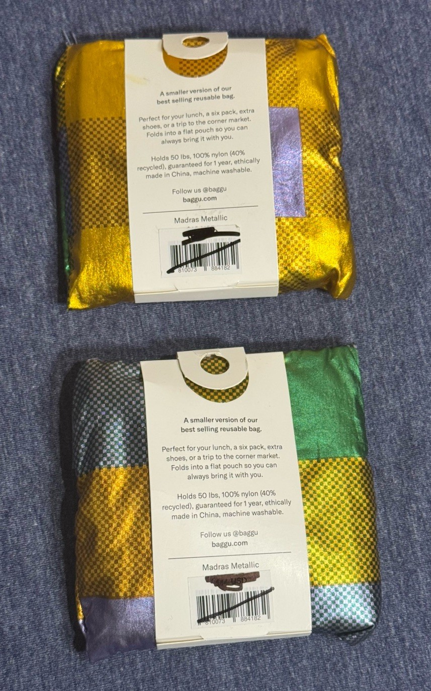 Set Of 2 BAGGU Baby Reusable Bag MADRAS METALLIC Plaid Purple Gold Tote NWT