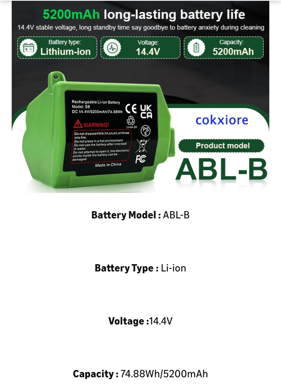 Specification: 14.4V, 5200mAh. Suitable for Long-Lasting Power Supply for iRobot