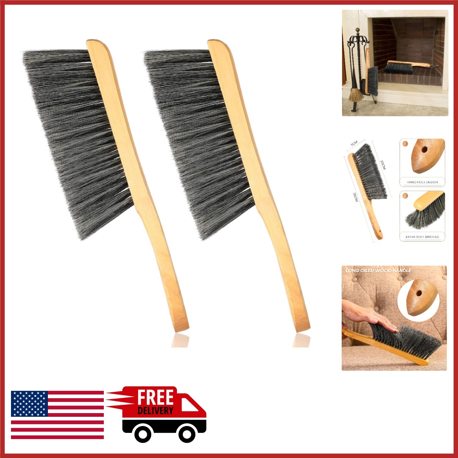 Natural Fiber Bench Brushes with Long Wood Handle for Dusting 2 Count