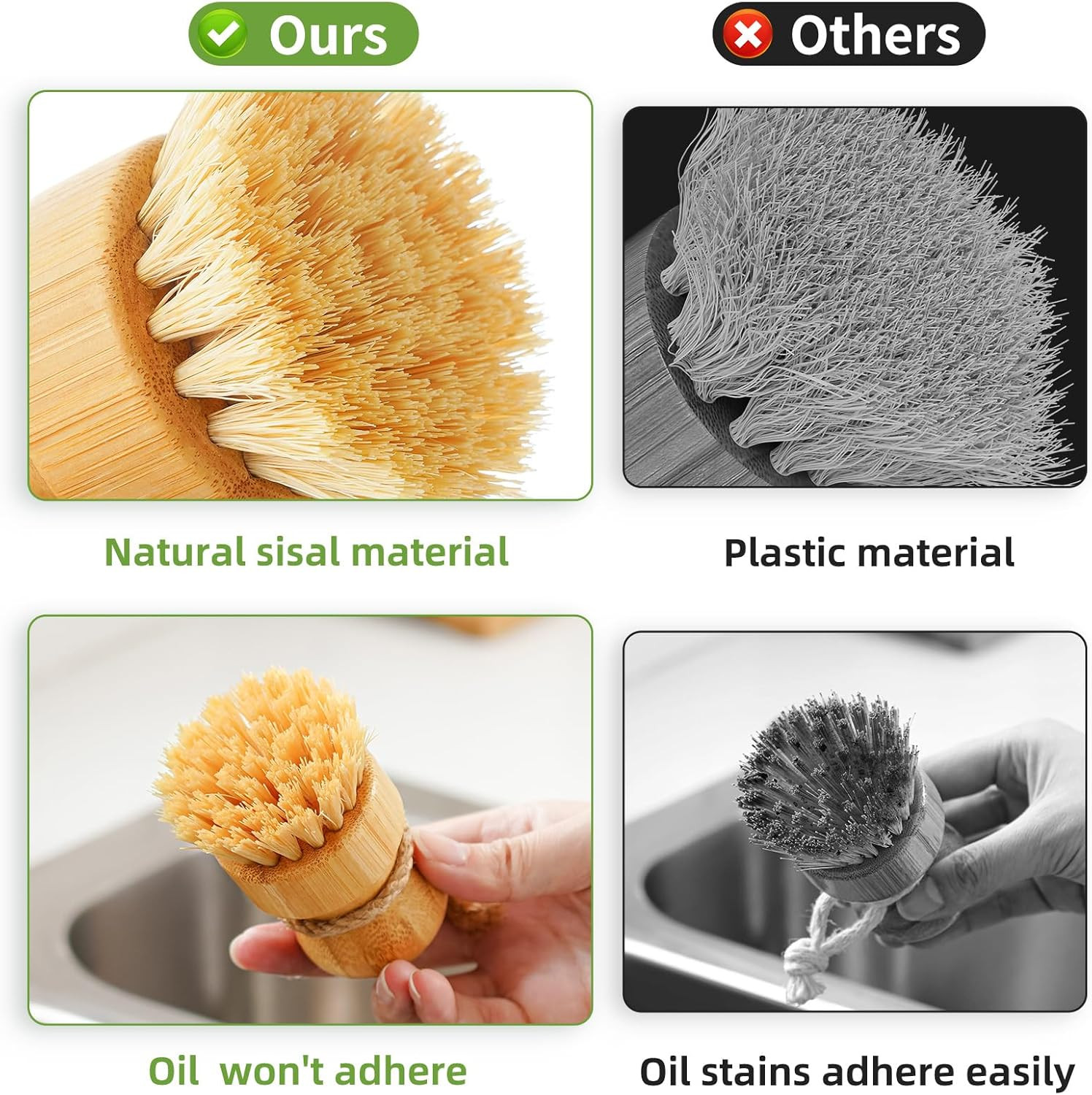 Bamboo Wooden Dish Scrub Brushes Natural Sisal Bristles Set of 3[1][2][3]