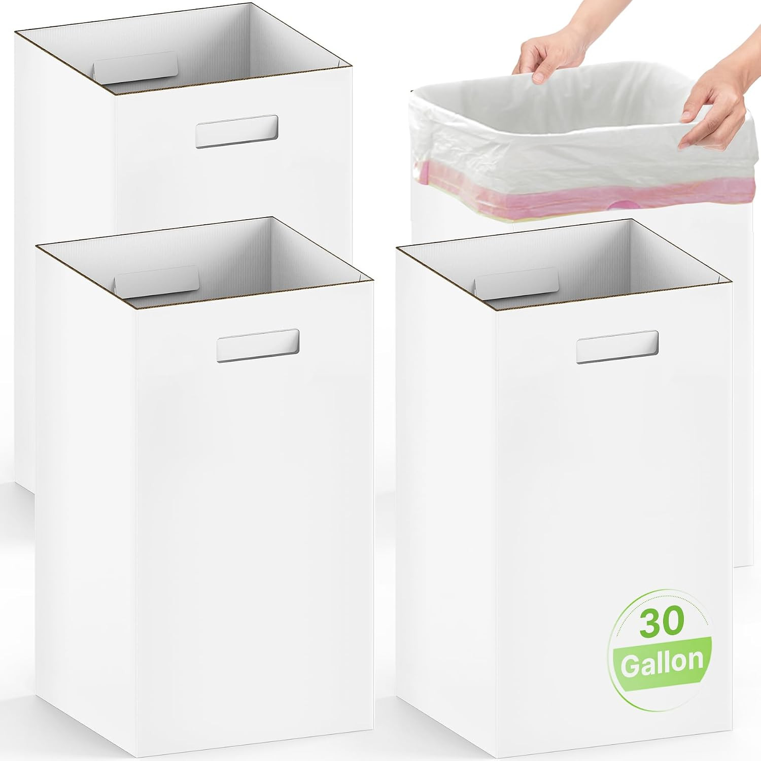 4 Pack 30 Gallon Corrugated Cardboard Disposable Trash Cans, White | 30″H X 14″W