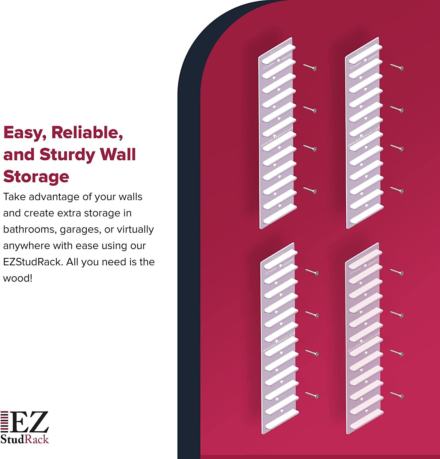 EZStudRack Shelving System- 8 Pack White, 32 Wood Screws-WOOD NOT INCLUDED