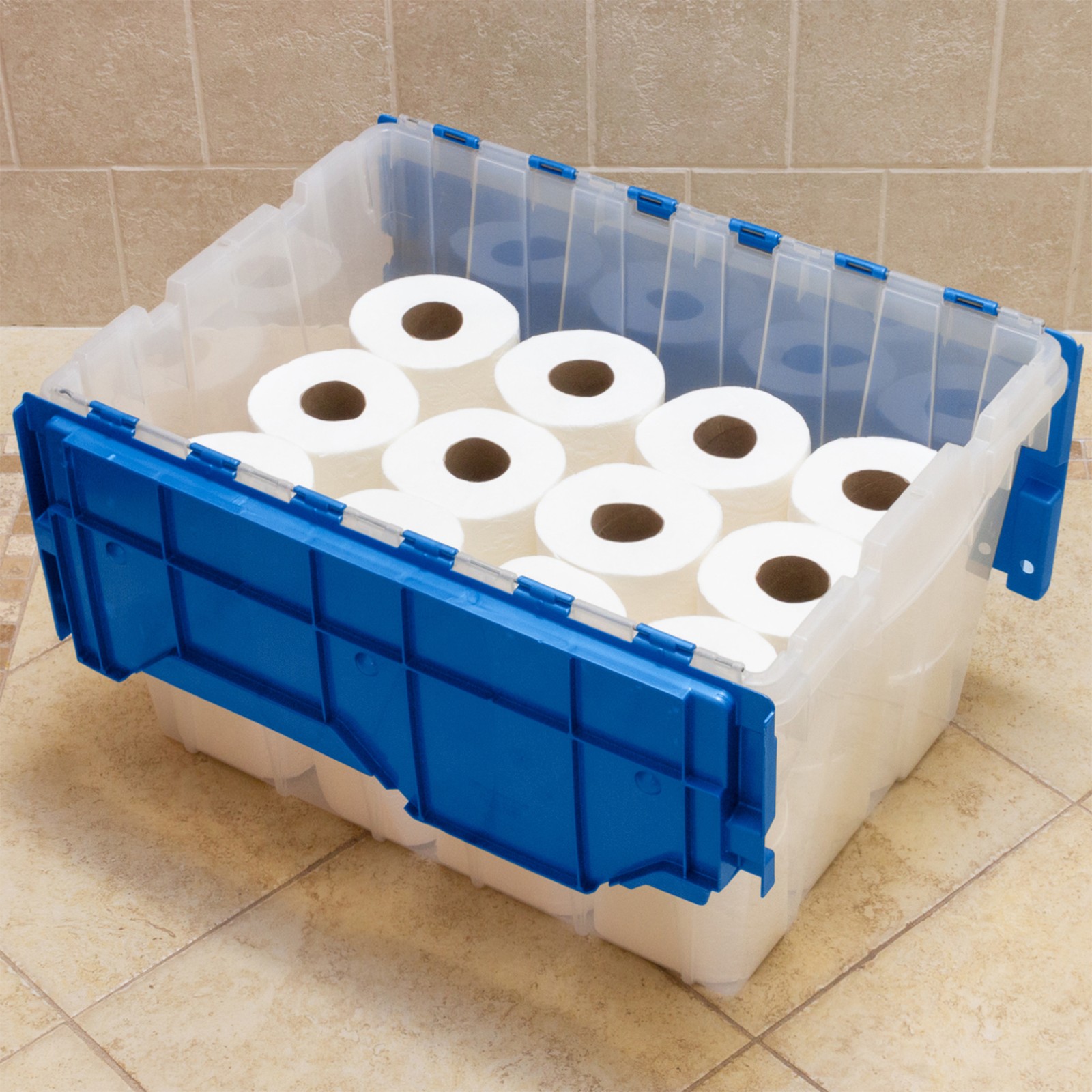 Akro-Mils KeepBox 12 Gal Plastic Storage Bin, Stackable Tote w/ Lid, Clear/Blue