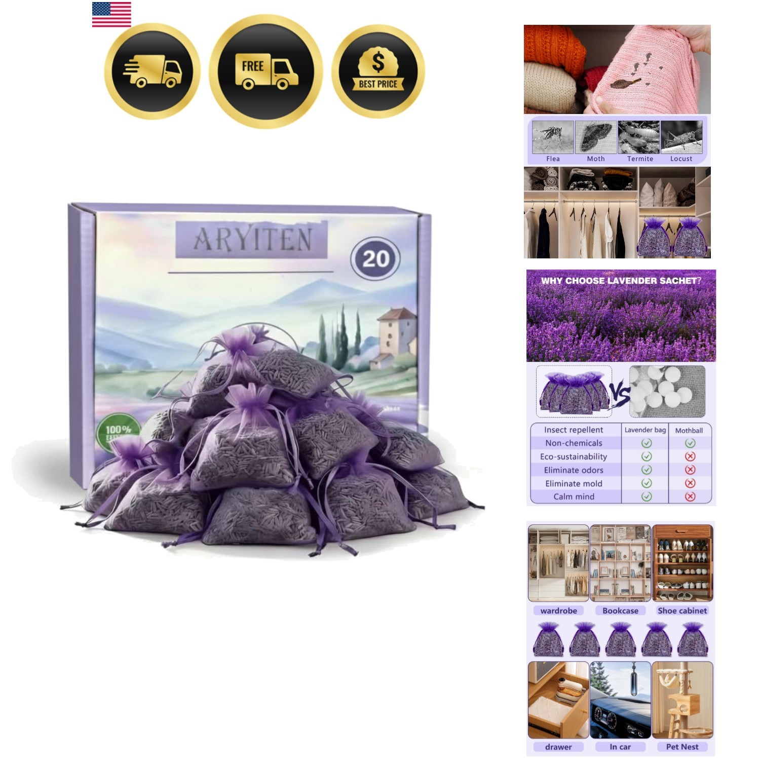 20 Pack Lavender Sachet Bags, 100% Natural French Dried Lavender Sachets for …