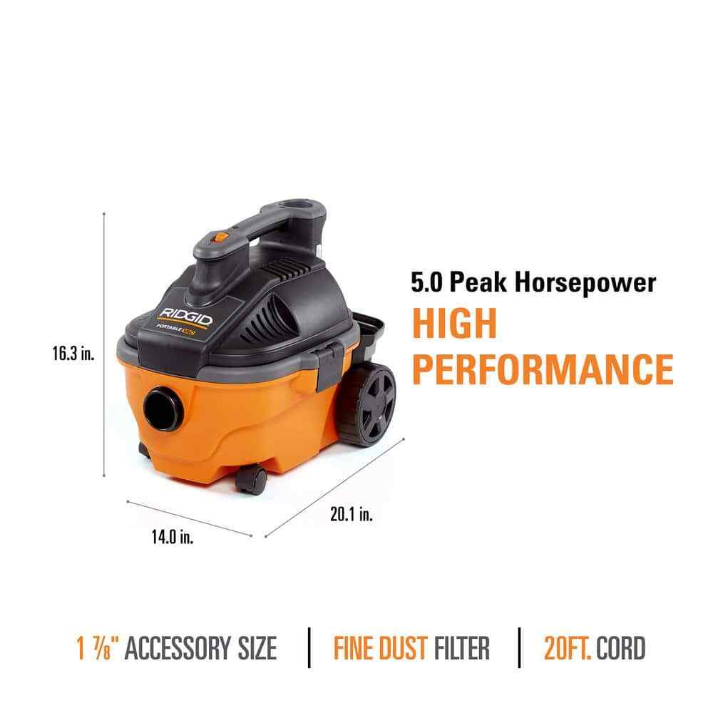 RIDGID 4 Gal 5.0 Peak HP Portable Shop Vacuum w/ Fine Dust Filter & Attachments