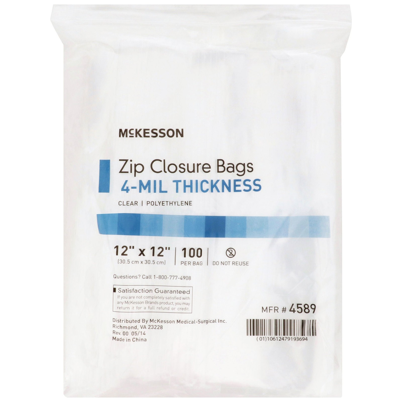 McKesson Zipper Closure Reclosable Bag 12 X 12 Inch 4 mil Polyethylene 100 Ct
